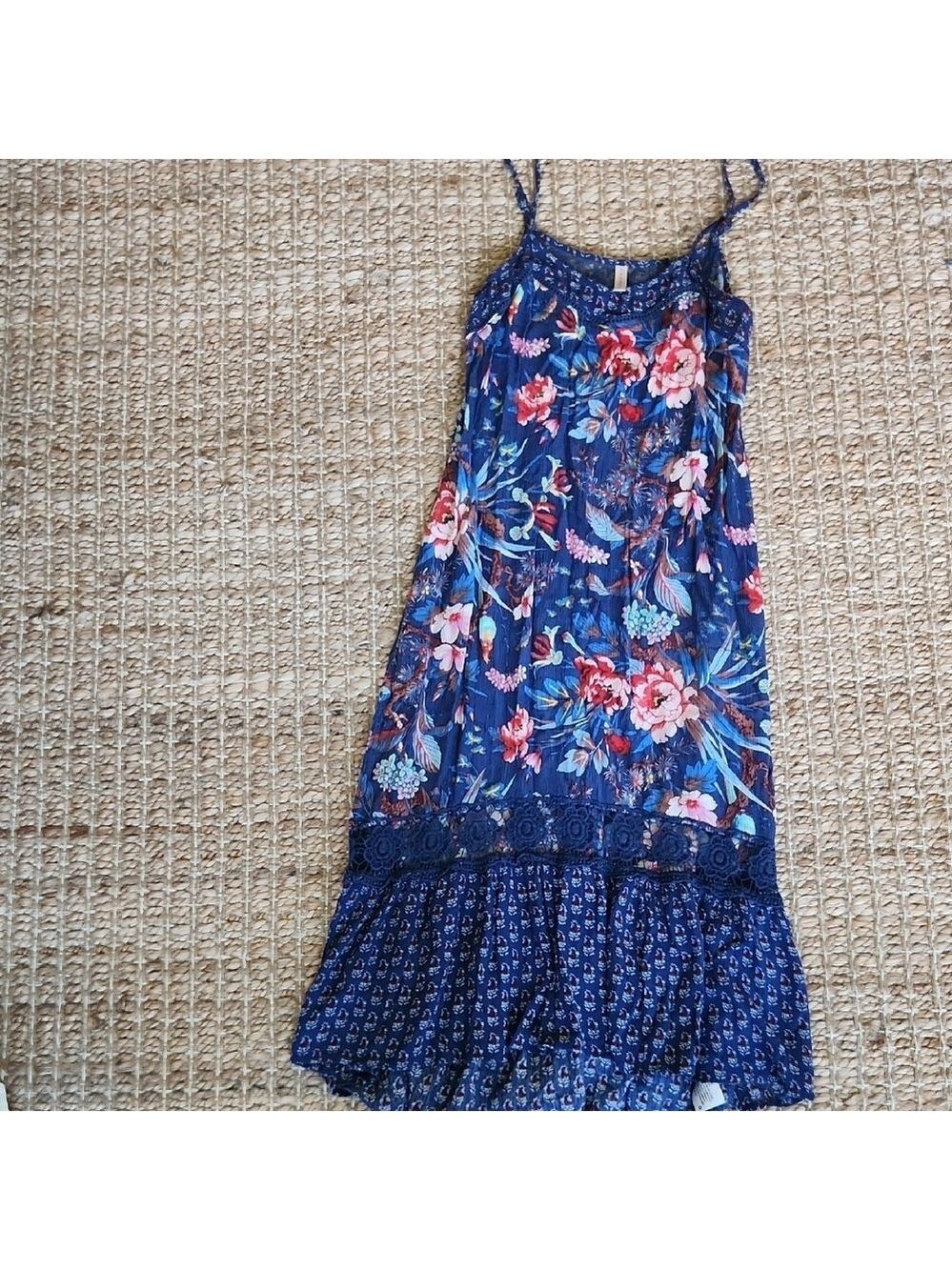 Xhilaration Blue and Pink Ruffled Tiered Spaghetti Strap Lace EdgedMaxi Sundress